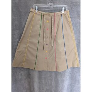 Vintage Aline Midi Skirt Womens 14 Tan Khaki Rainbow Piping Button Front Artsy
